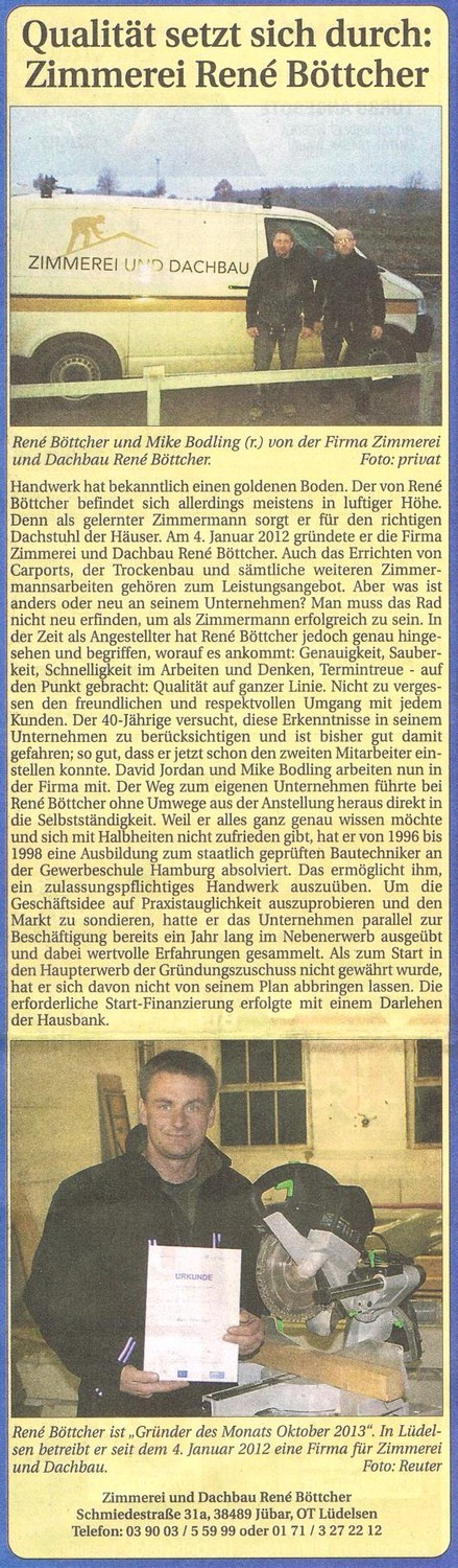 Zimmerei René Böttcher, Lüdelsen, SonntagsNachrichten vom 20131124