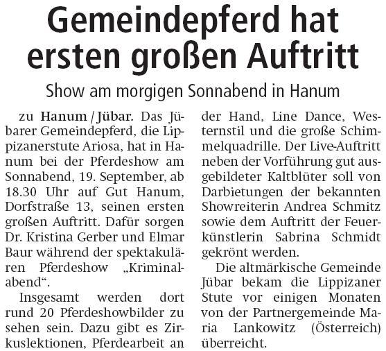 20150918 Altmark Zeitung - Hanum - Gemeindepferd