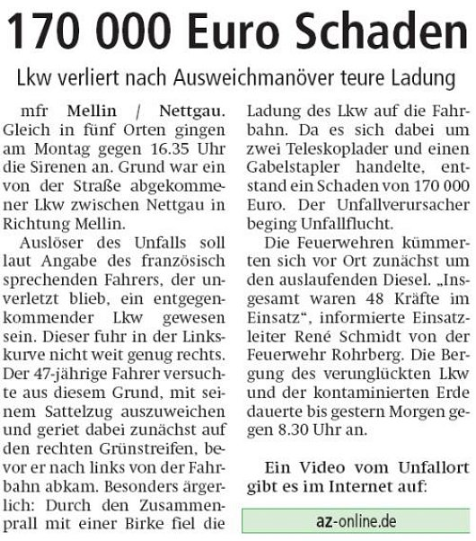 20160504b Altmark Zeitung - Nettgau-Mellin - LKW-Unfall