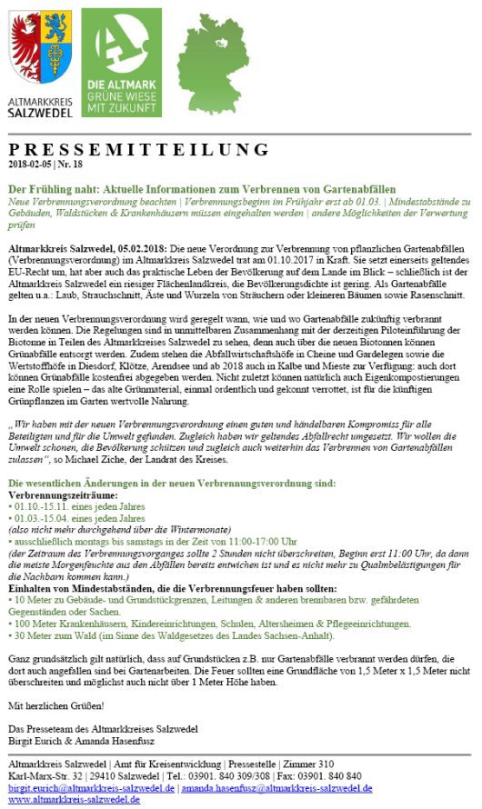 20180205 Pressemitteilung LK-SAW - Aktuelle Informationen zum Verbrennen von Gartenabfällen
