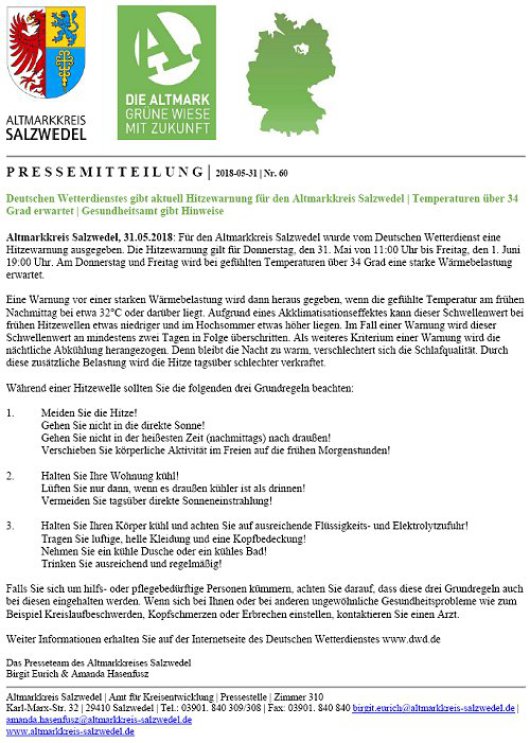 20180531 Pressemitteilung Altmarkkreis SAW - Aktuelle Information Hitzewarnung