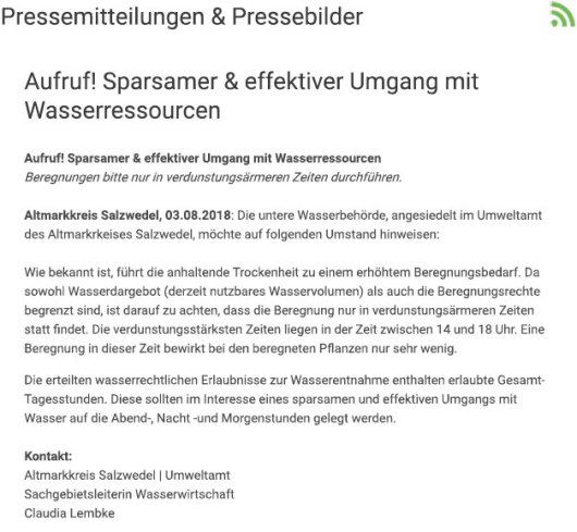 20180803 Pressemitteilung Altmarkkreis SAW - Aktuelle Information 'Umgang mit Wasserressourcen'