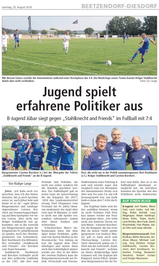 20180825 Altmark Zeitung - Jübar - Innenminister-Team kickt gegen B-Jugend des FCJB von Rüdiger Lange