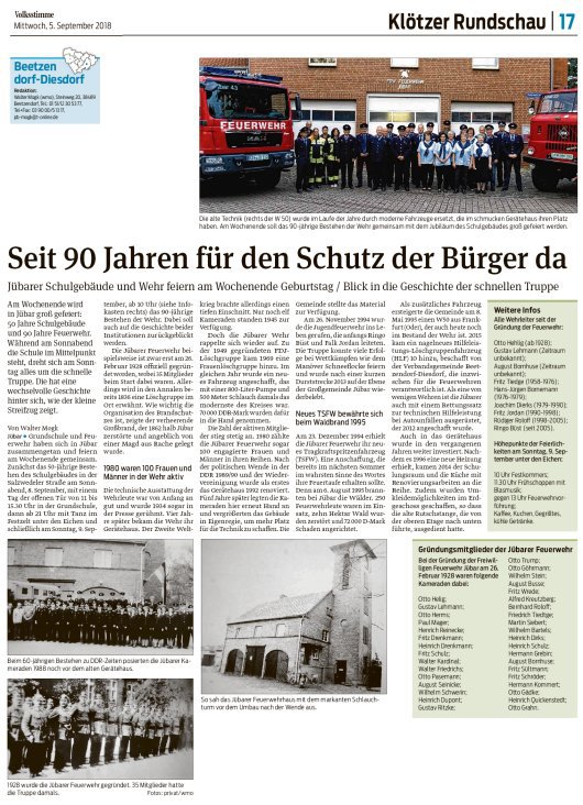 20180905 Volksstimme - Jübar - FFW 90 Jahre von Walter Mogk