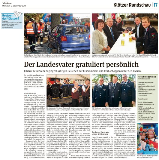20180912 Volksstimme - Jübar - FFW 90 Jahre - Landesvater gratuliert (von Walter Mogk)