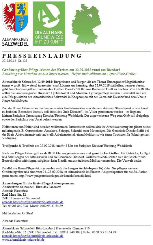 20180912 Großsteingräber-Pflege-Aktion des Kreises am 22.09.2018 rund um Diesdorf