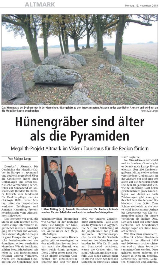 20181112 Altmark Zeitung - Drebenstedt Hünengräber älter als Pyramiden (von Rüdiger Lange)