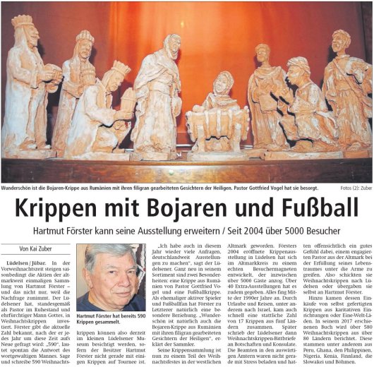 20181123 Altmark Zeitung - Hartmut Förster Krippenausstellung (Von Kai Zuber)