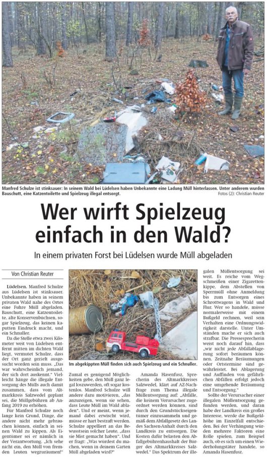 20181128 Altmark Zeitung - Lüdelsen - Spielzeug im Wald - von Christian Reuter