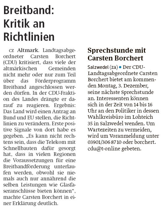 20181130 Altmark Zeitung - Borchert kritisiert Breitbandförderrichtlinien - (von cz) links, sowie 20181130 Volksstimme - Carsten Borchert bietet Sprechstunde in Salzwedel  - (von za) rechts
