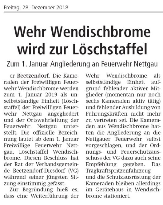20181228 Altmark Zeitung - Wendischbrome - Wehr wird zur Löschstaffel (von Christian Reuter)