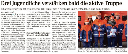 20190124 Volksstimme - Jugendfeuerwehr Gemeinde Jübar - Anmeldung zum Grundlehrgang (von Walter Mogk)