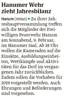 20190202 Volksstimme - Hanum - Feuerwehr zieht am 9. Februar die Jahresbilanz 2018 (von Walter Mogk)