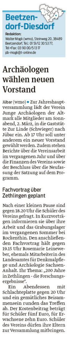 20190205 Volksstimme - Jübar - Junge Archäologen wählen neuen Vorstand (von Walter Mogk)