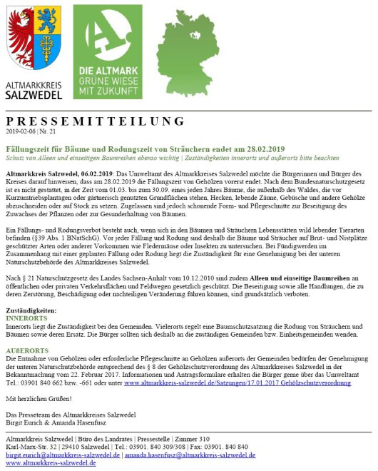 20190206 Altmarkkreis Salzwedel - Fällungszeit für Bäume und Rodungszeit von Sträuchern endet am 28.02.2019