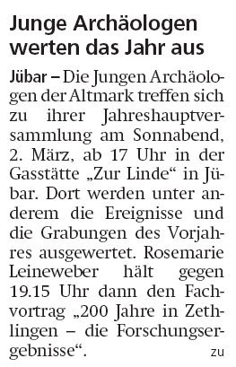 20190211 Altmark Zeitung - Jübar - Junge Archäologen werten das Jahr aus 2018 (von Kai Zuber)