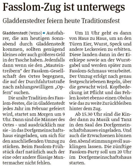 20190216 Volksstimme - Gladdenstedt - Gladdenstedter feiern heute Traditionsfest (von Walter Mogk)