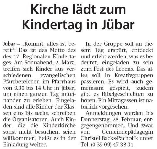 20190221 Altmark Zeitung - Kirche lädt zum Kindertag in Jübar (von Christel Backs-Pacholik)