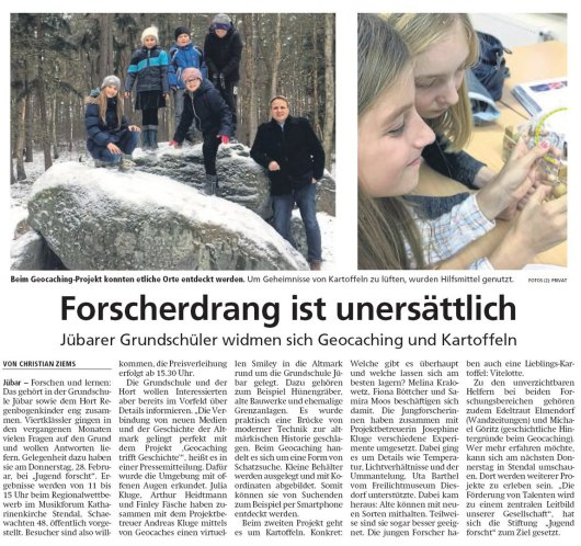 20190222 Altmark Zeitung - Jübar - Grundschüler widmen sich Geocaching und Kartoffeln (von Christian Ziems)