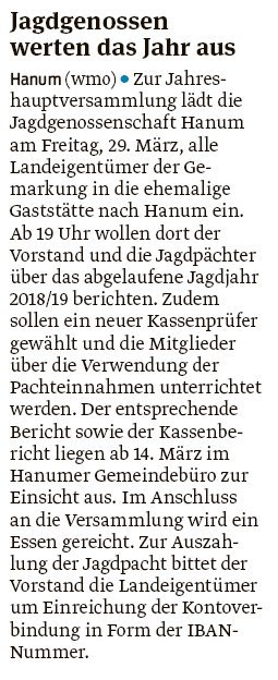 20190309 Volksstimme - Hanum - Jagdgenossen werten das Jahr aus (von Walter Mogk)