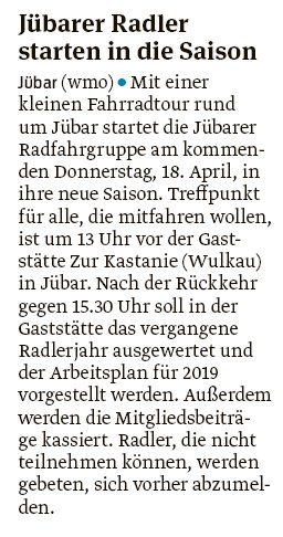 20190415 Volksstimme - Jübar - Start in die neue Saison am Donnerstag (von Walter Mogk)