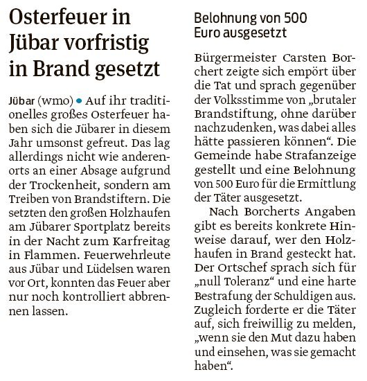 20190423 Volksstimme - Jübar - 500 EURO Belohnung ausgesetzt (von Walter Mogk)
