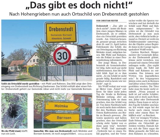 20190426 Altmark Zeitung - Drebenstedt - Ortsschild mit Stumpf und Stiel gestohlen (Christian Reuter)