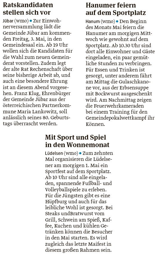 20190430 Volksstimme - Jübar, Hanum, Lüdelsen - Meldungen aus den Orten (von Walter Mogk)