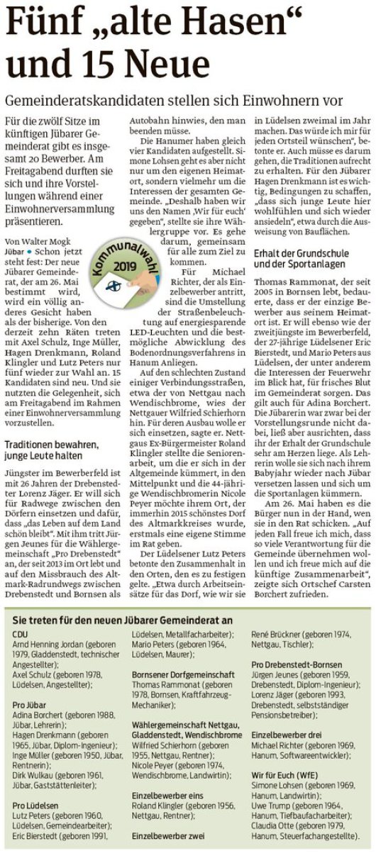 20190506 Volksstimme - Gemeinde Jübar - alte und junge Hasenals  Rats-Kandidaten für Jübar (Walter Mogk)