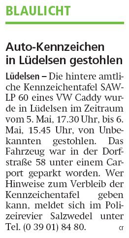 20190510 Altmark Zeitung - Lüdelsen - Blaulicht, Kennzeichen gestohlen