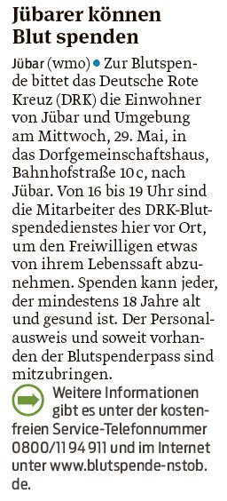 20190513 Volksstimme - Gemeinde Jübar - Das Deutsche Rote Kreuz bittet um Blutspenden (Walter Mogk)