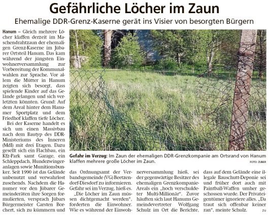 20190517 Altmark Zeitung - Hanum - Löcher in der DDR-Grenz-Kaserne (Kai Zuber)