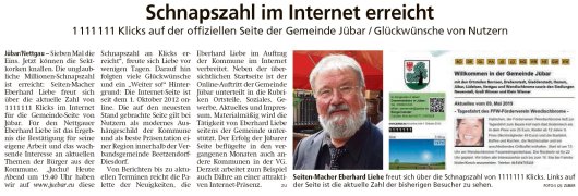 20190518 Altmark Zeitung - Gemeinde Jübar - Internetauftritt mit 1111111 Klicks (Kai Zuber)