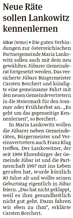 20190605 Volksstimme - Gemeinde Jübar - Neue Räte fahren nach Maria Lankowitz (Walter Mogk)