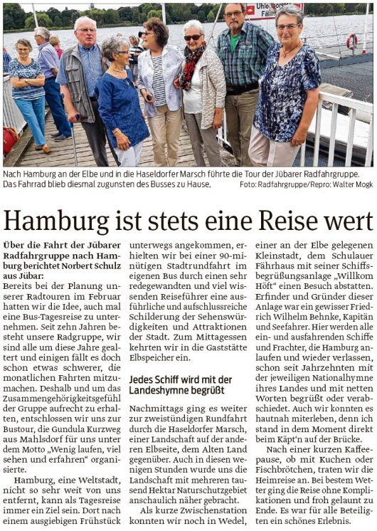 20190620 Volksstimme - Jübar - Radfahrgruppe - Zusammengehörigkeitsgefühl in Hamburg bewahrt (Norbert Schulz)