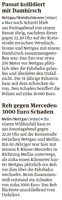 20190703 Volksstimme - Polizeiberichte - Kollisionen mit Wildtieren (Walter Mogk)