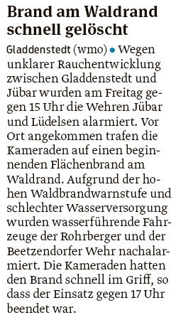 20190709 Volksstimme - Gladdenstedt - Flächenbrand am Waldrand gelöscht (Walter Mogk)