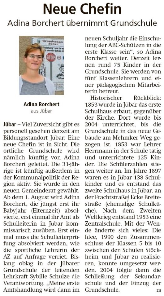20190719 Altmark Zeitung - Jübar - Grundschule bekommt neue Chefin (Kai Zuber)