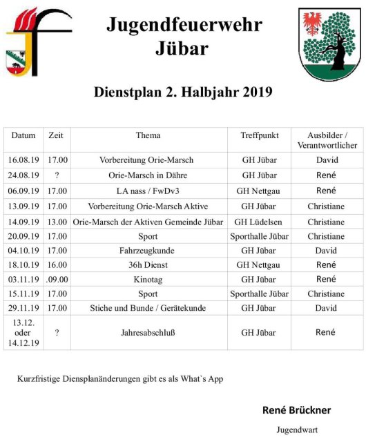 Gemeinde Jübar - Jugendfeuerwehr - Dienstplan 2 2019