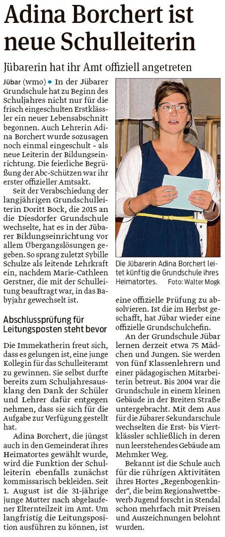 20190823 Volksstimme - Jübar - Adina Borchert offiziell Schulleitung (Walter Mogk)