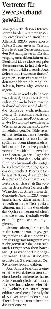20190829 Volksstimme - Gemeinde Jübar - Postenvergabe unter den Räten und Bürgern (Anke Pelczarski)