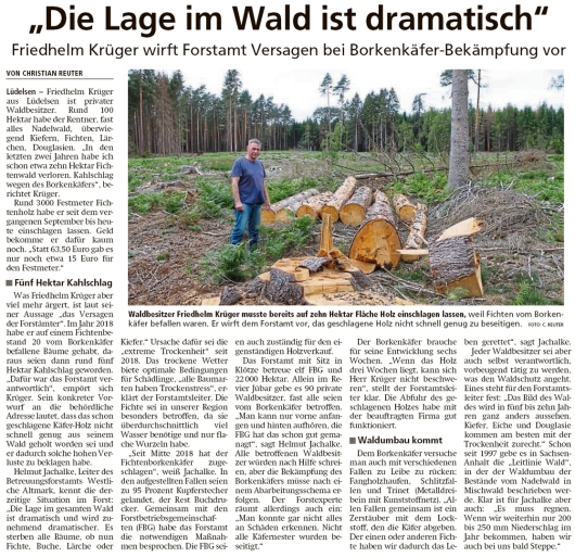 20190906 Altmark Zeitung - Lüdelsen - Friedhelm Krüger kämpft mit Borkenkäfern (Christian Reuter)