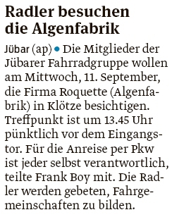 20190909 Volksstimme - Jübar - Radfahrgruppe - Algenfabrik in Klötze wird besucht (ap)