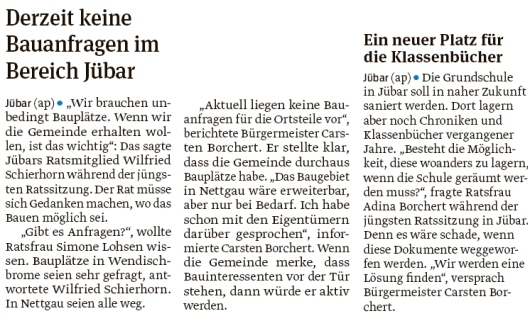 20190910 Volksstimme - Gemeinde Jübar - Bauanfragen und Klassenbücher (Anke Pelczarski)