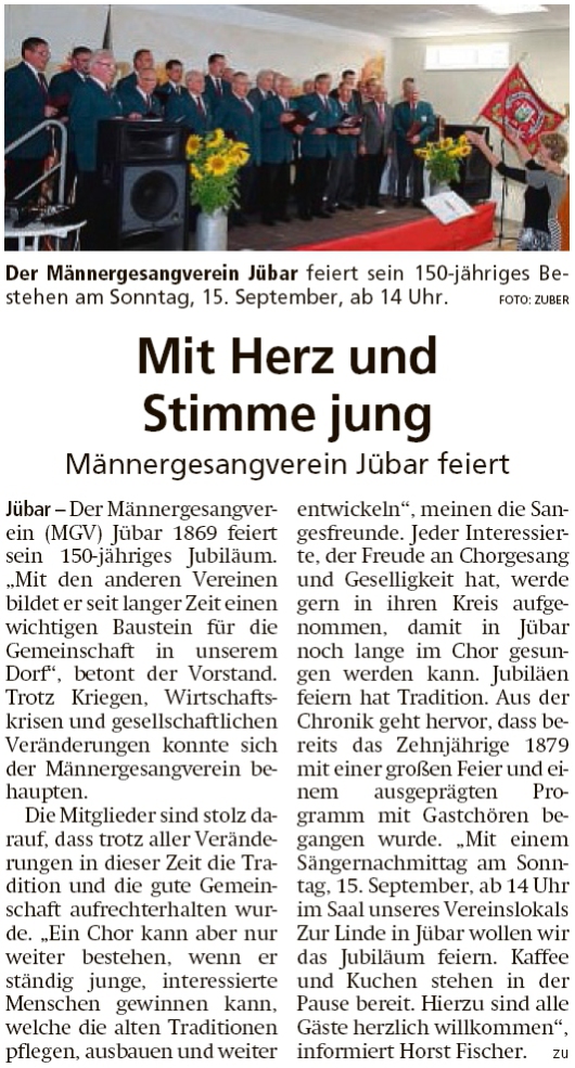 20190911 Altmark Zeitung - Jübar - MGV feiert am 15.9.2019 150-jähriges Bestehen (Kai Zuber)