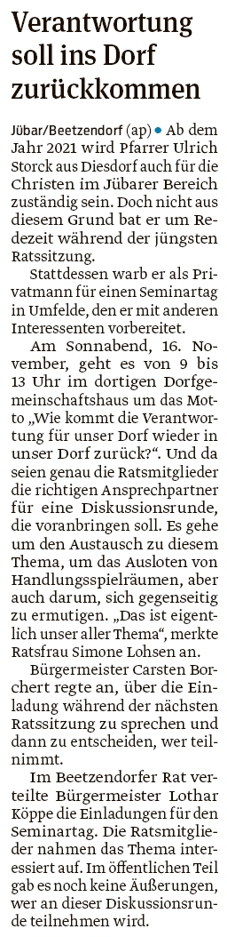 20190911 Volksstimme - Gemeinde Jübar - Pfarrer Ulrich Storck bietet Seminartag (Anke Pelczarski)