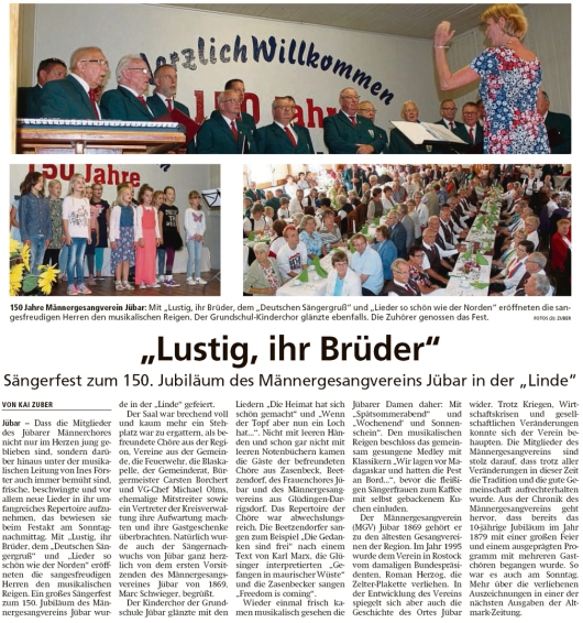 20190917 Altmark Zeitung - Jübar - MGV-Sängerfest zum 150-jähriges Bestehen (Kai Zuber)