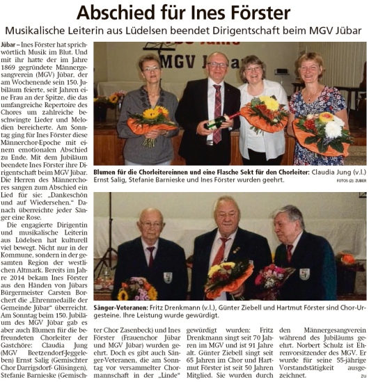 20190919 Altmark Zeitung - Jübar - MGV - Ines Förster beendet Dirigentschaft (Kai Zuber)
