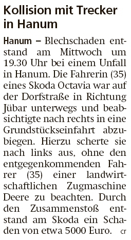 20191018 Altmark Zeitung - Hanum - Skoda stößt mit Zugmaschine zusammen (Christian Reuter)