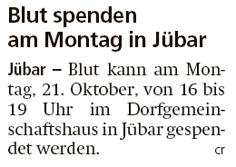 20191018 Altmark Zeitung - Jübar - Blutspendetermin 21. Oktober steht an (Christian Reuter)
